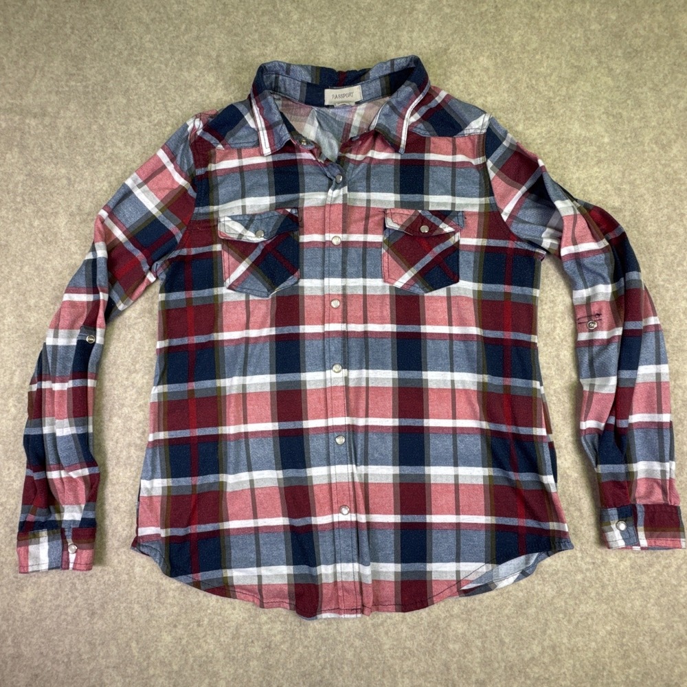 Passport Girl's Youth Flannel Long Sleeve Pearl Snap Button Down Red & Blue‎ XL